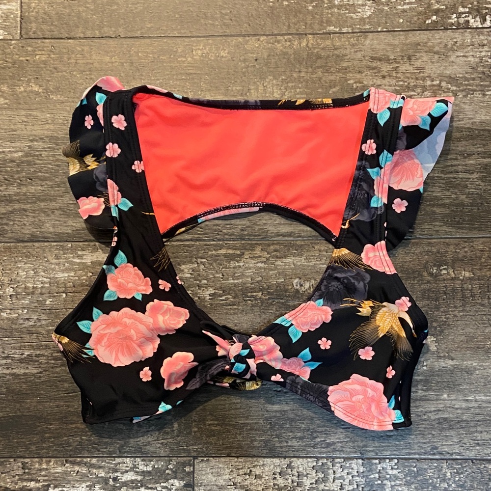 Time and Tru Black Floral Swim Top